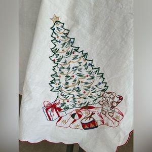 Vintage Embroidered Christmas Tablecloth with Matching Napkins.